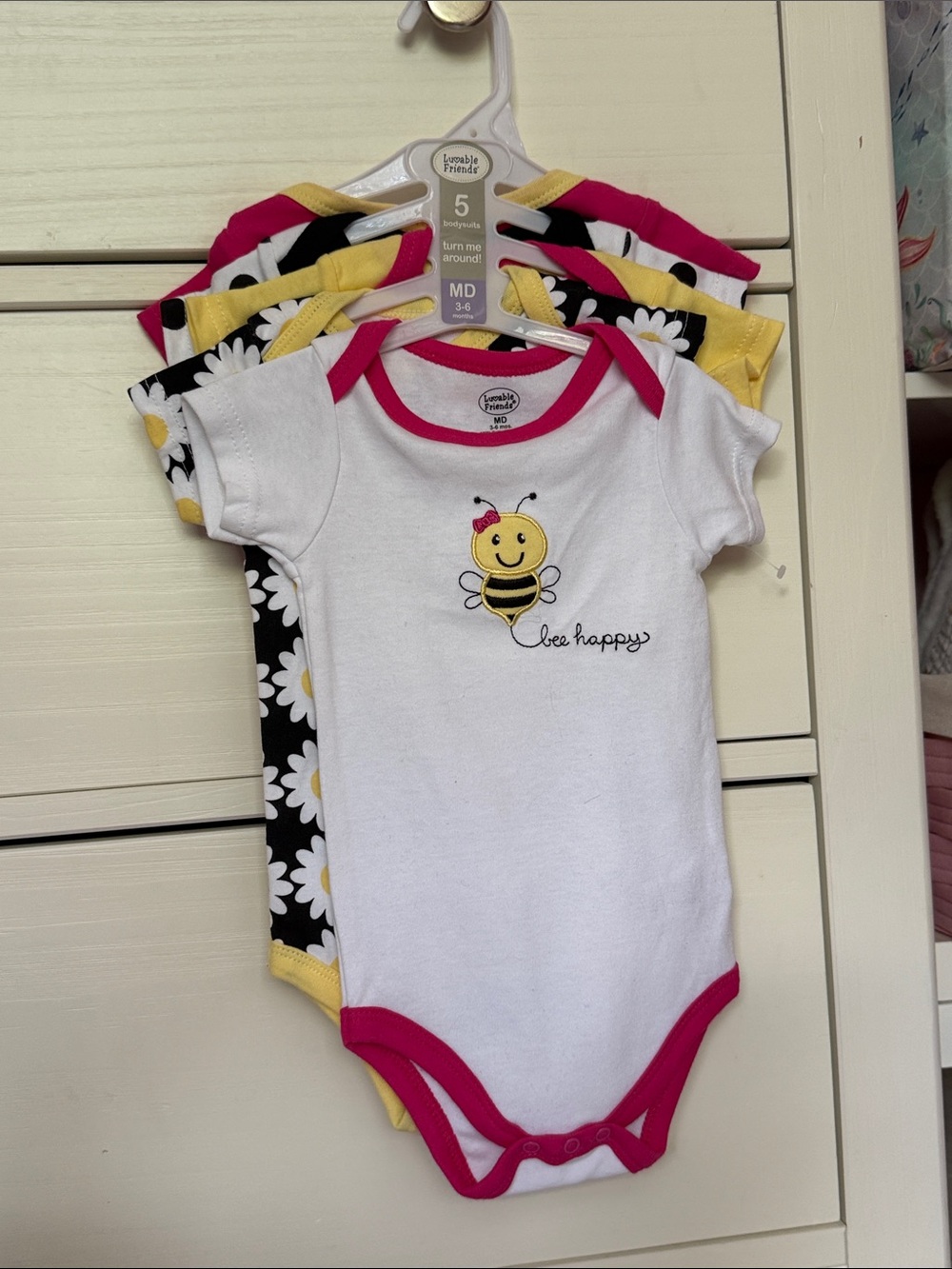 Luvable Friends White One-Piece with Pink Trim & Yellow Bee